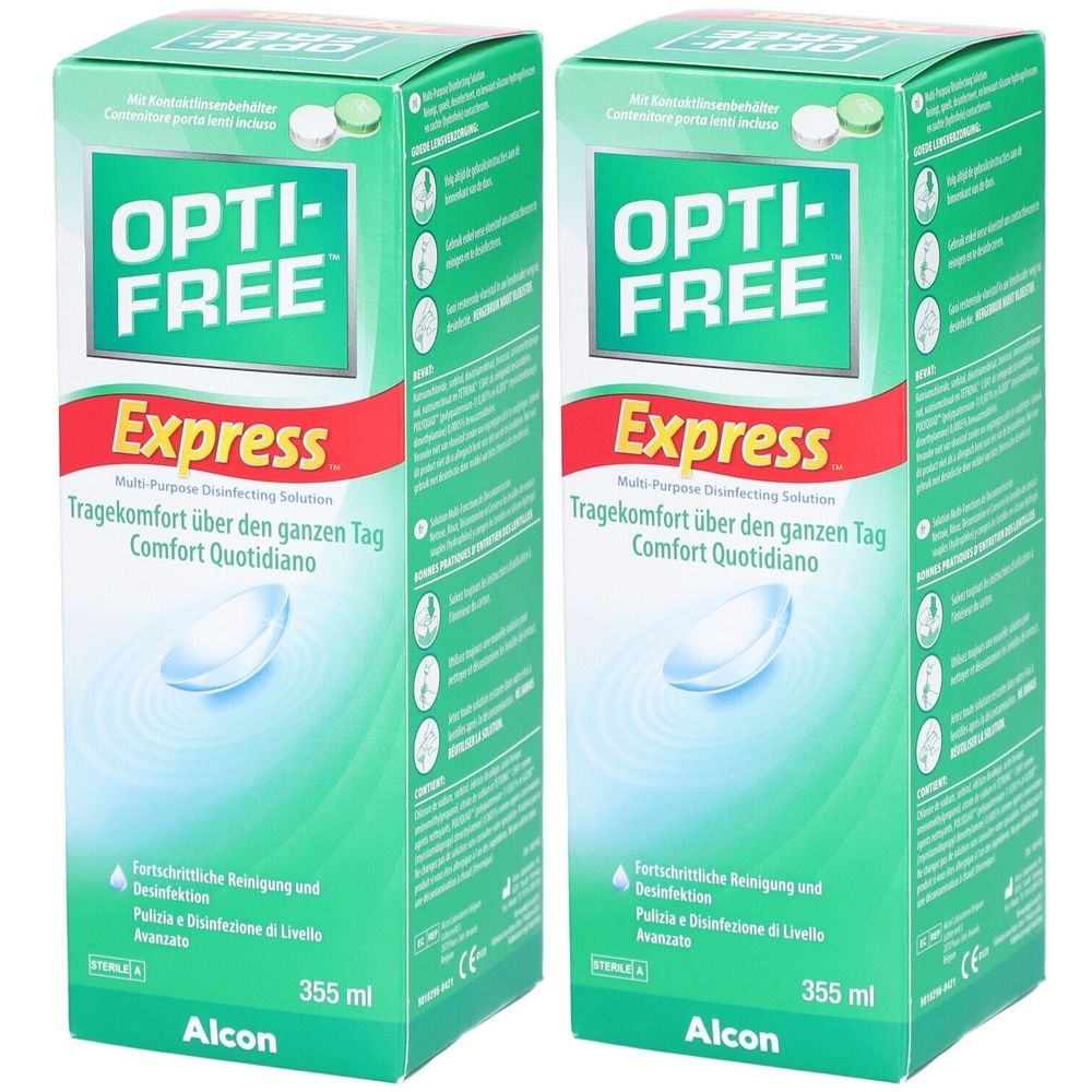 Zwei grüne Kartons mit "Opti-Free Express"-Aufdruck. Roter Streifen mit Text. Kontaktlinsen-Symbol. "355 ml" und "Alcon" sichtbar.
