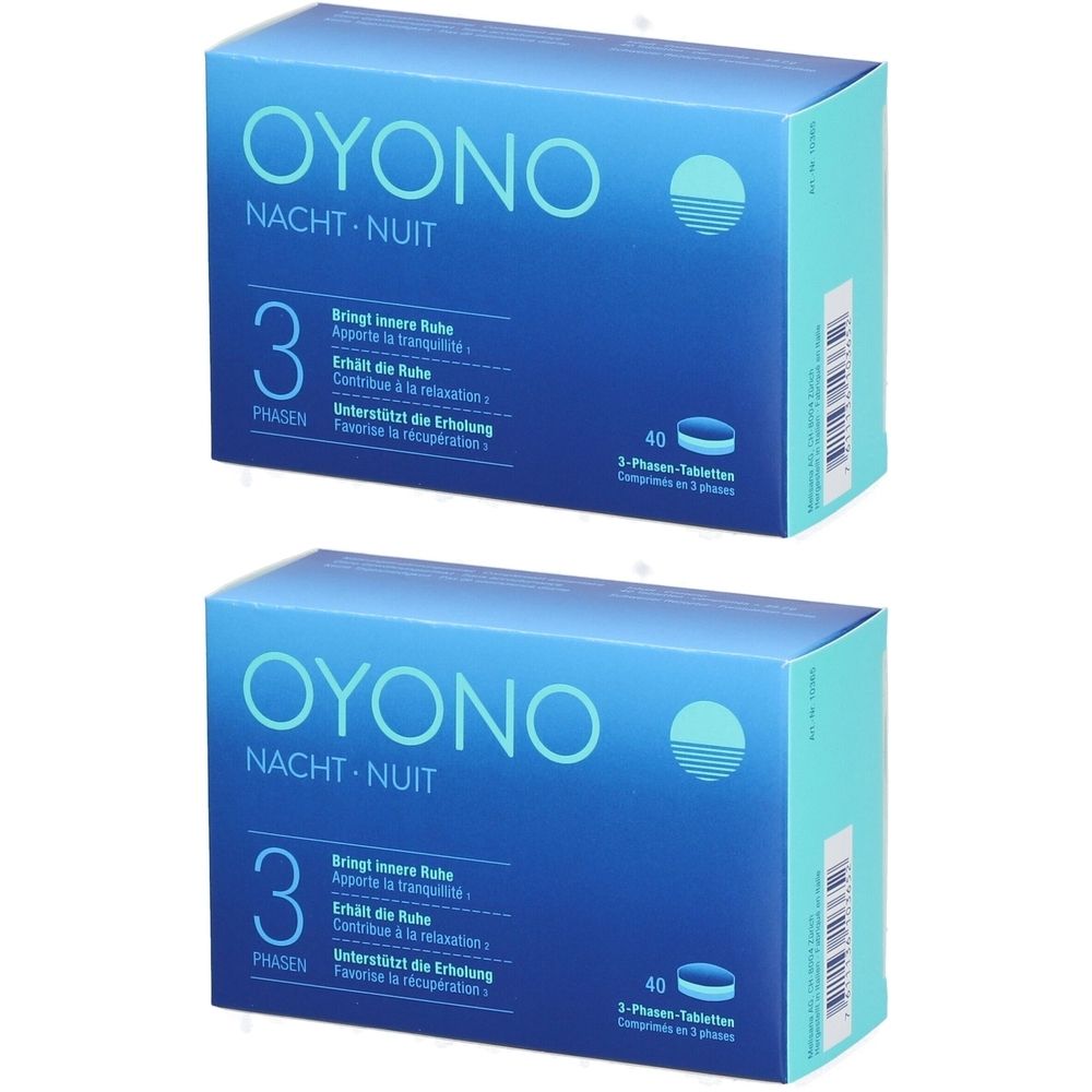 Zwei blaue Schachteln mit der Aufschrift OYONO Nacht. 3 Phasen Tabletten. 40 Tabletten pro Packung.