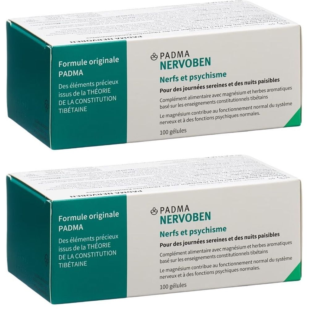 Zwei Schachteln PADMA Nervoben. Aufschrift: Nerfs et psychisme. Ergänzungsmittel mit Magnesium und Kräutern. 100 Kapseln.