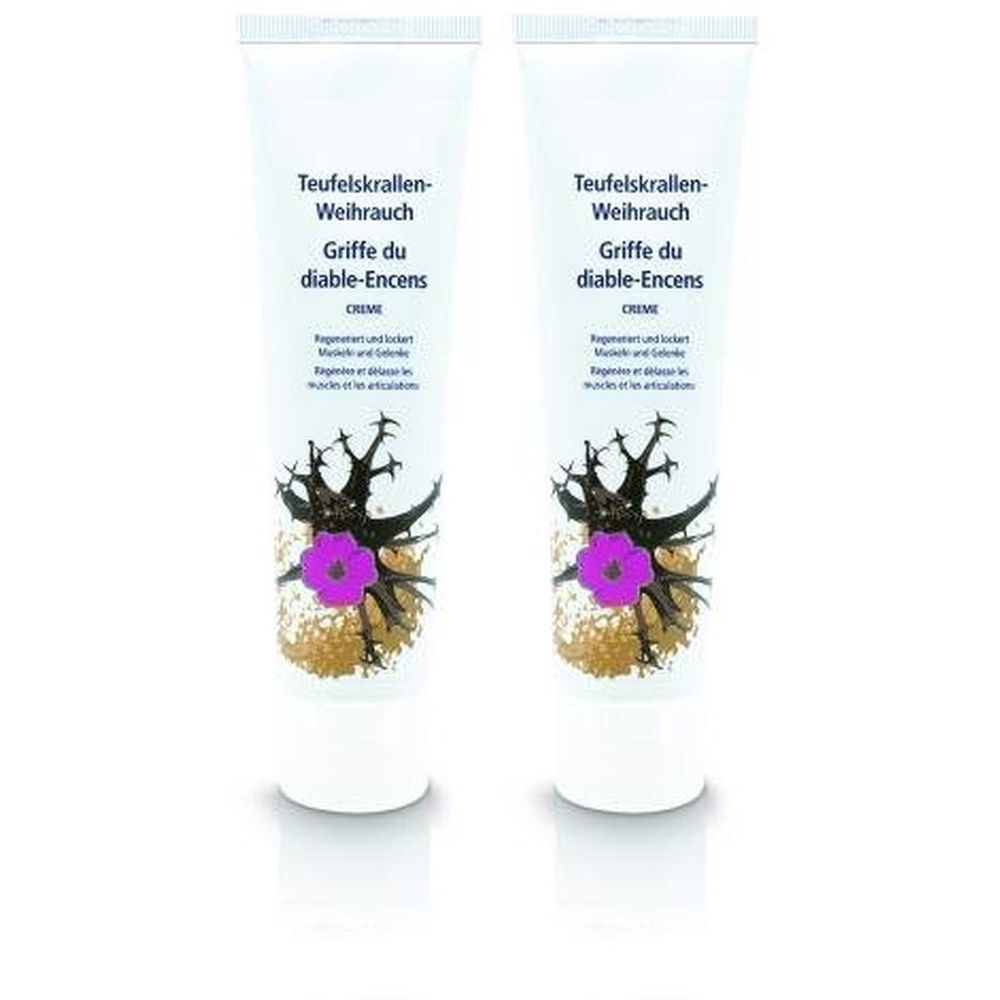 Zwei Tuben Creme. Aufschrift: Teufelskrallen-Weihrauch, Griffe du diable-Encens. Abbildung einer Blume und Wurzeln.