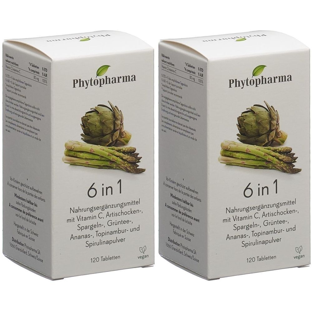 Zwei weiße Kartons mit "Phytopharma 6 in 1". Abbildung von Artischocke und Spargel. Text: Nahrungsergänzungsmittel, 120 Tabletten.