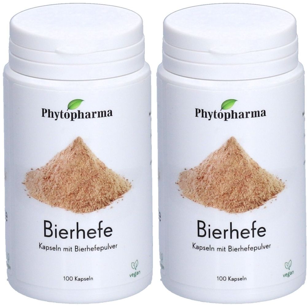 Deux flacons blancs avec couvercles. Inscription: Phytopharma, Bierhefe, capsules à la poudre de levure de bière. 100 capsules. Label vegan.