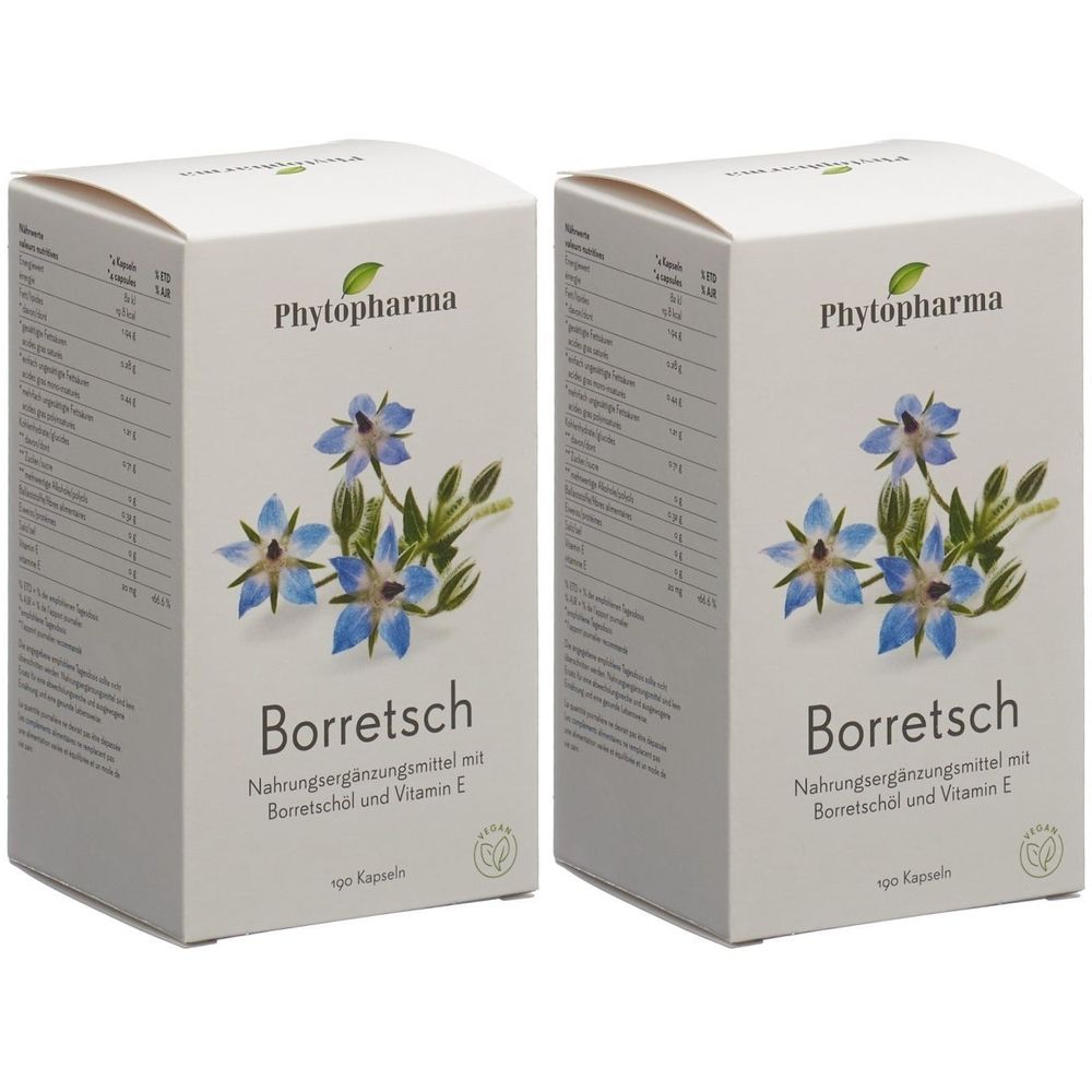 Zwei weiße Schachteln mit "Phytopharma" und "Borretsch" Aufdruck. Abbildung von blauen Blüten. Text: Nahrungsergänzungsmittel mit Borretschol und Vitamin E.