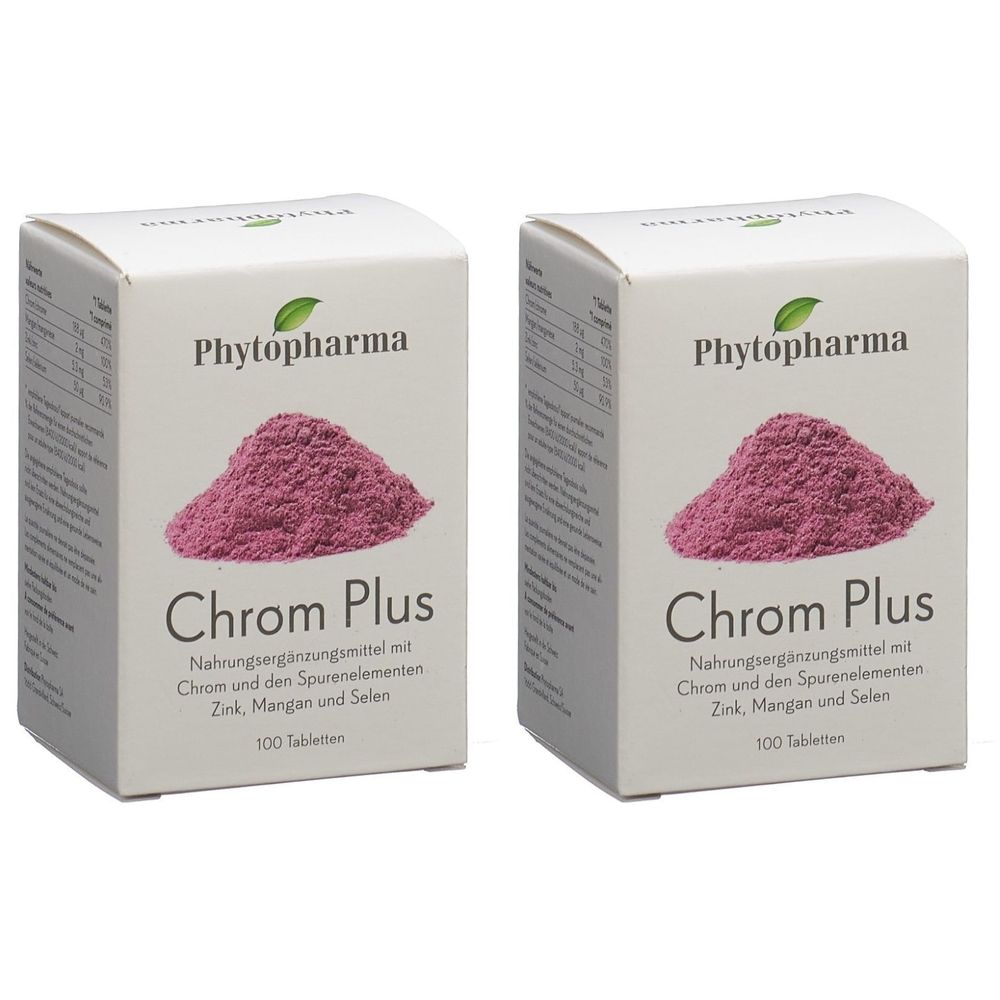 Zwei weiße Kartons mit "Phytopharma Chrom Plus"-Aufdruck. Auf den Kartons ist ein rosa Pulver abgebildet. Text: Nahrungsergänzungsmittel.