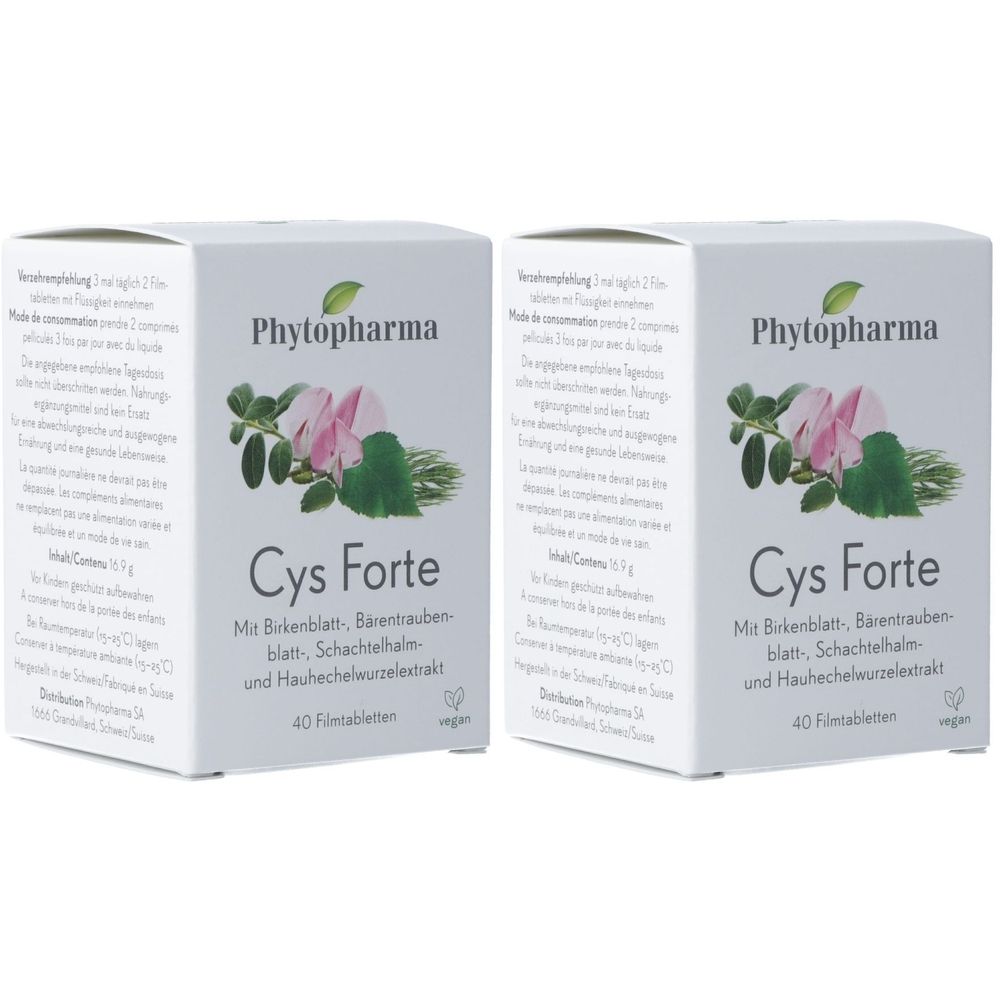 Zwei weiße Schachteln mit der Aufschrift "Phytopharma Cys Forte". Auf jeder Schachtel sind 40 Filmtabletten abgebildet.