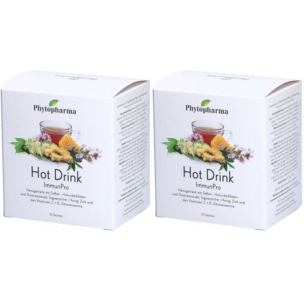Zwei weiße Kartons mit Produktabbildung und Text. Aufschrift: Phytopharma, Hot Drink ImmunPro. 10 Sachets.