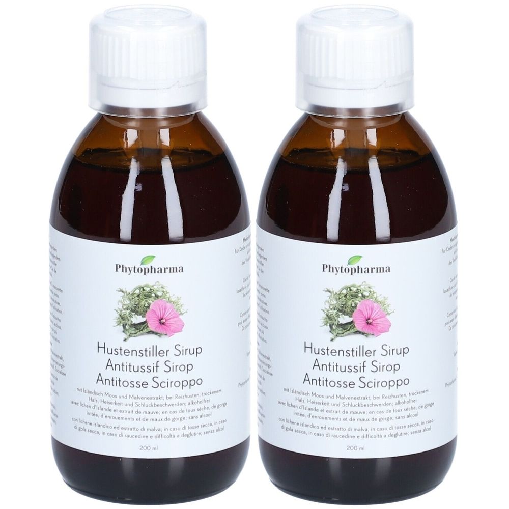 Deux flacons de sirop contre la toux. Flacons en verre brun avec bouchon blanc et étiquette. Inscription : Phytopharma, sirop contre la toux.