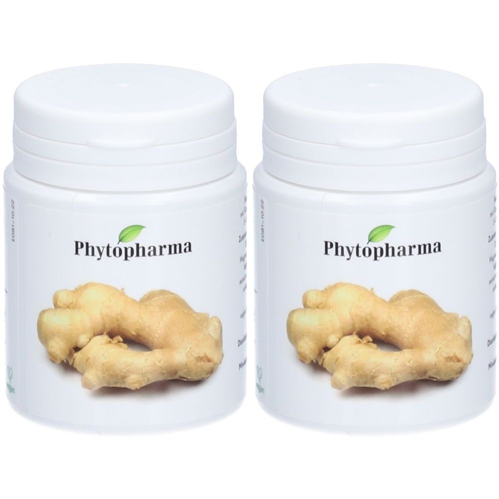 Deux pots blancs avec couvercles. Sur chaque pot, le logo "Phytopharma" et une image de gingembre. Les pots sont côte à côte.