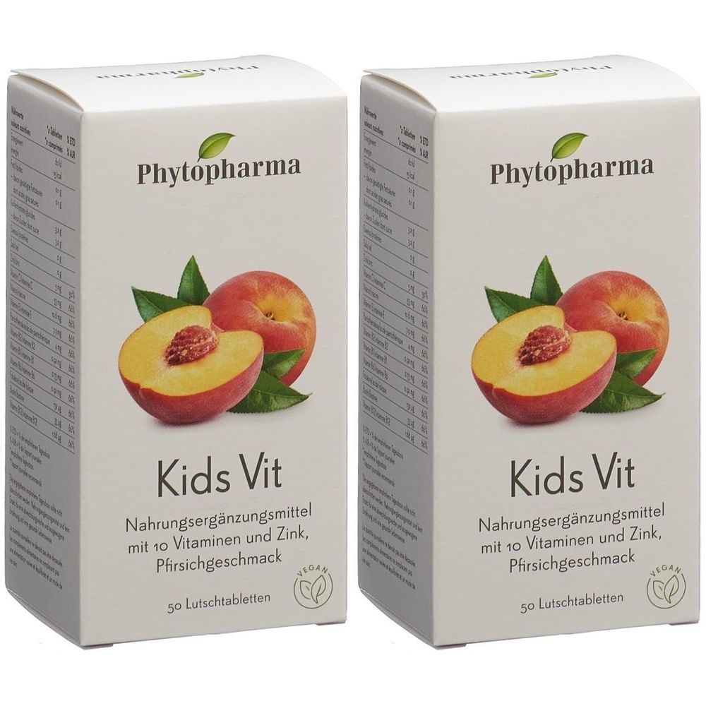 Zwei weiße Kartons mit Produktabbildung und Text. Aufdruck: Phytopharma, Kids Vit, Pfirsichgeschmack, 50 Lutschtabletten.