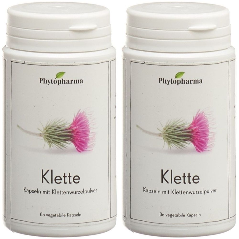 Deux flacons blancs avec le logo Phytopharma. Inscription "Klette" et "Kapseln mit Klettenwurzelpulver". Illustration d'une fleur de chardon.
