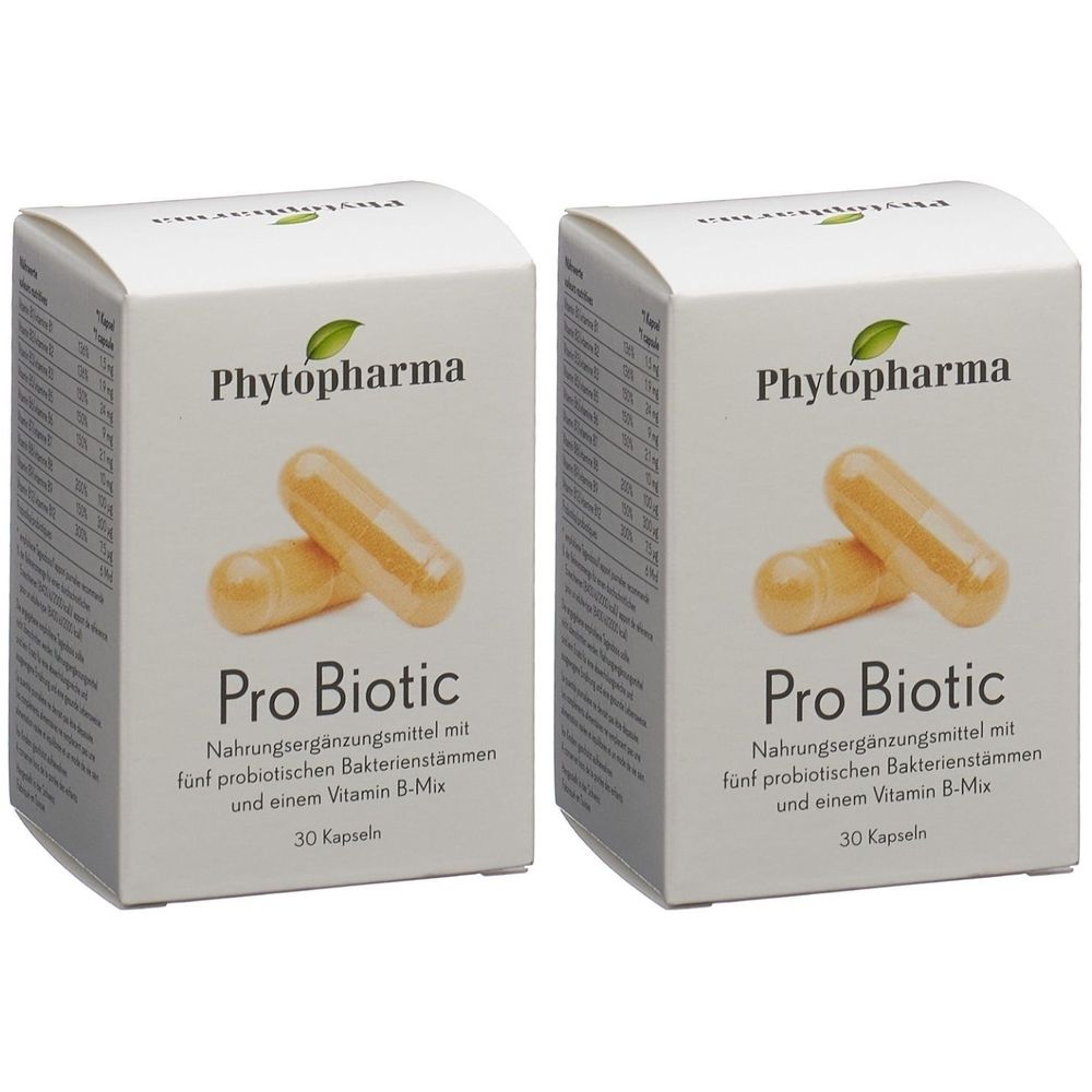 Zwei weiße Schachteln mit "Phytopharma" und "Pro Biotic" Aufdruck. Daneben zwei gelbe Kapseln. Text: Nahrungsergänzungsmittel mit fünf probiotischen Bakterienstämmen und einem Vitamin B-Mix. 30 Kapseln.