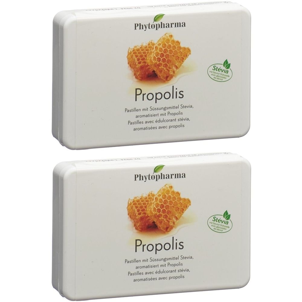 Zwei weiße Schachteln mit Propolis-Pastillen. Aufdruck: Marke Phytopharma, Honigwaben-Illustration, Schriftzug Propolis, Stevia-Logo.