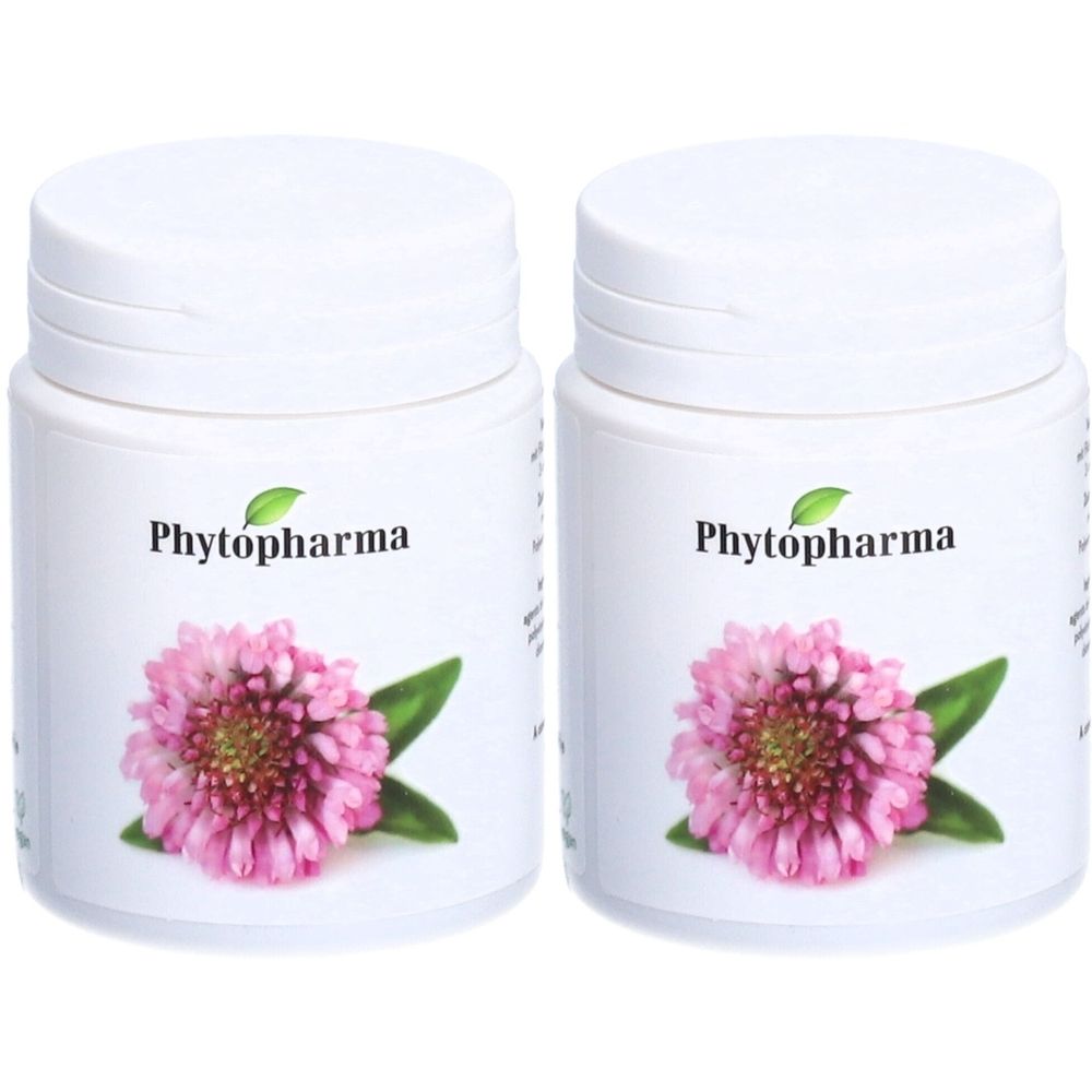 Zwei weiße Behälter mit Deckel. Auf jedem Behälter ist das Logo "Phytopharma" und ein Bild einer roten Kleeblume abgebildet.