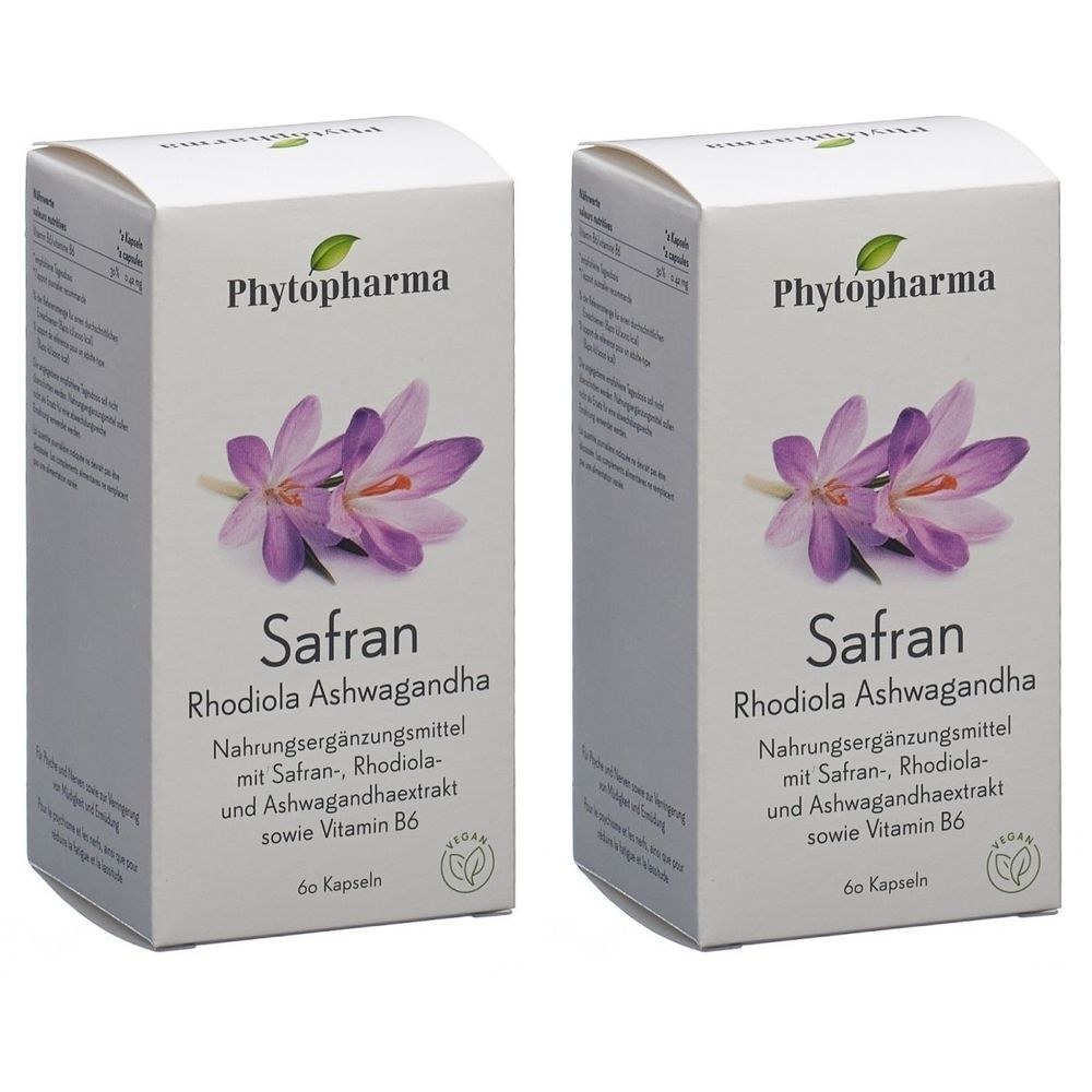 Zwei weiße Schachteln mit Produktinformationen. Aufdruck: Safran, Rhodiola Ashwagandha, Nahrungsergänzungsmittel. Marke: Phytopharma.