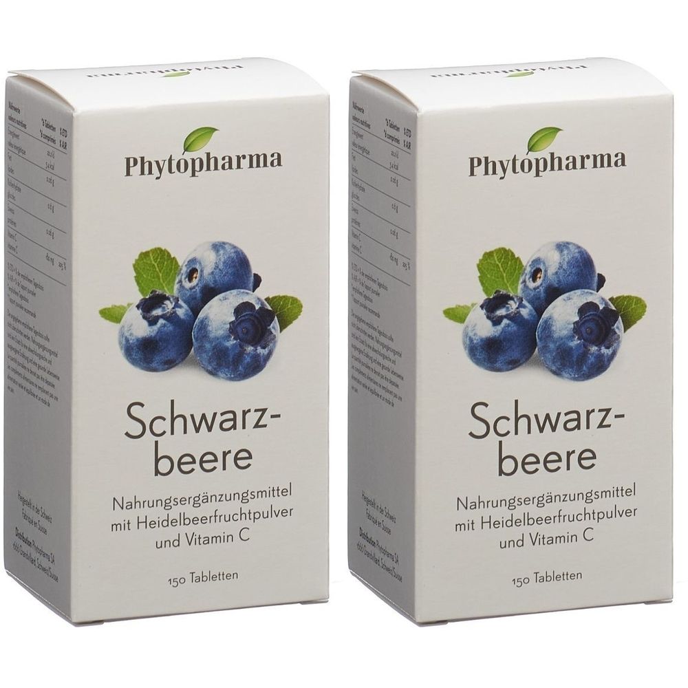 Zwei weiße Kartons mit "Phytopharma"-Logo, Blaubeeren-Illustration und Text "Schwarzbeere". 150 Tabletten.