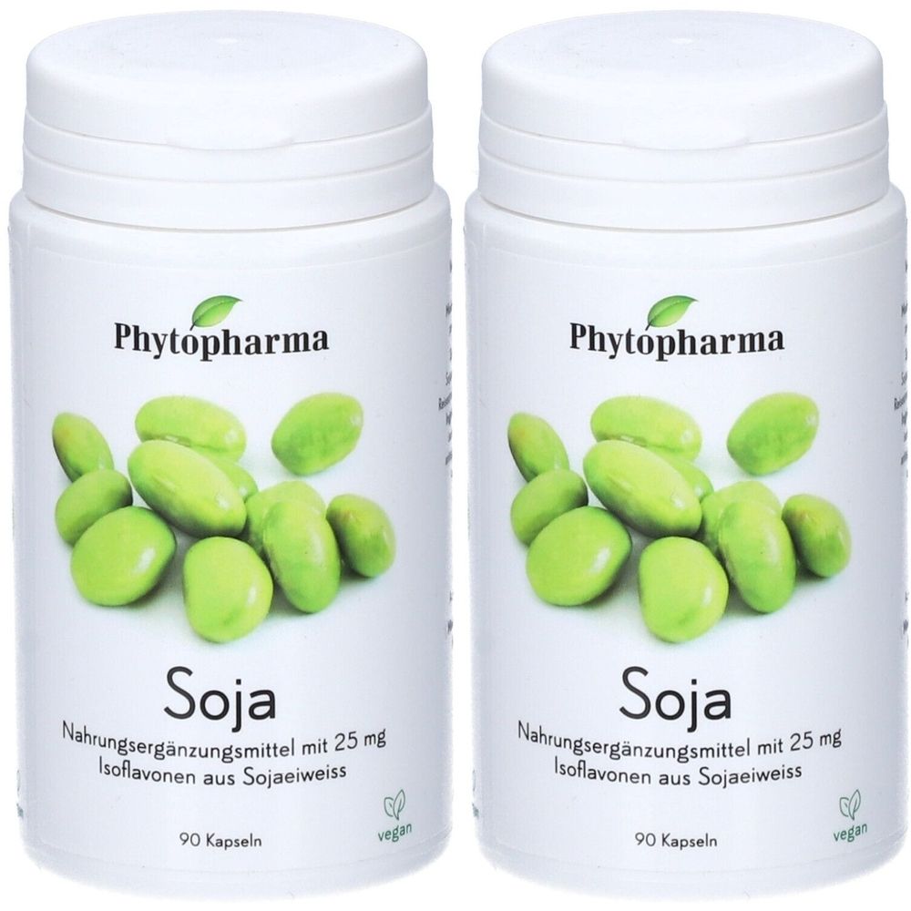 Zwei weiße Flaschen mit dem Produktnamen Soja. Aufschrift: Phytopharma, Nahrungsergänzungsmittel, 90 Kapseln, vegan.