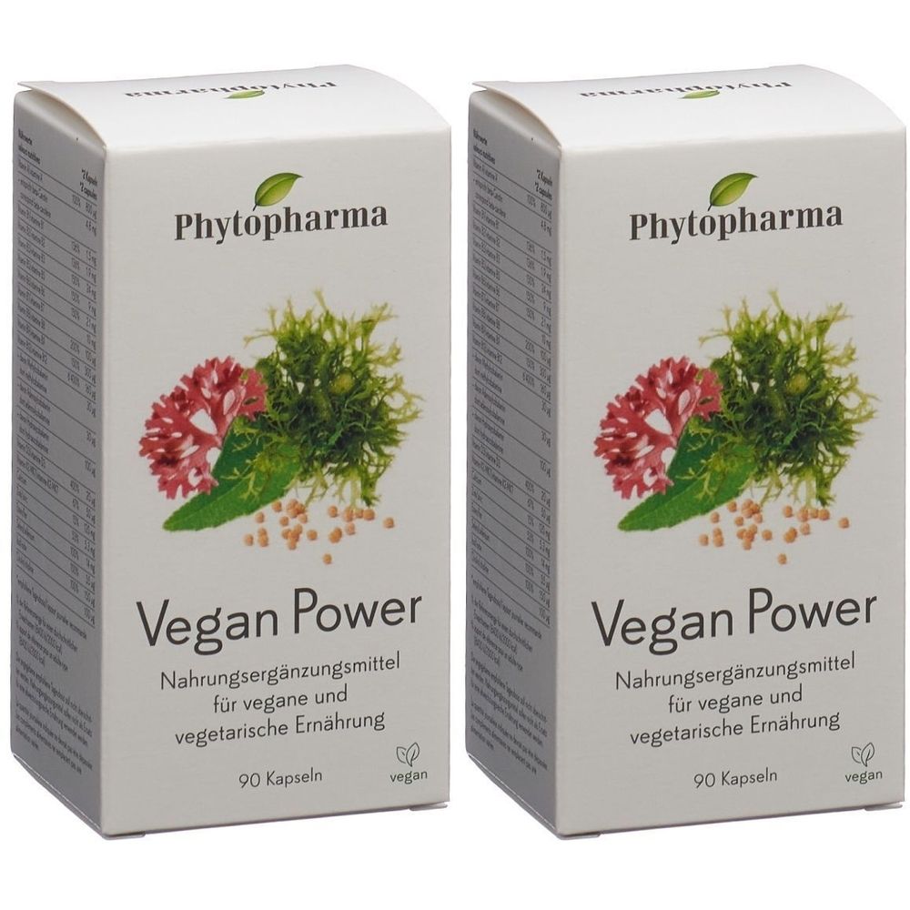 Deux boîtes blanches avec "Phytopharma" et "Vegan Power". 90 gélules. Logo végan.