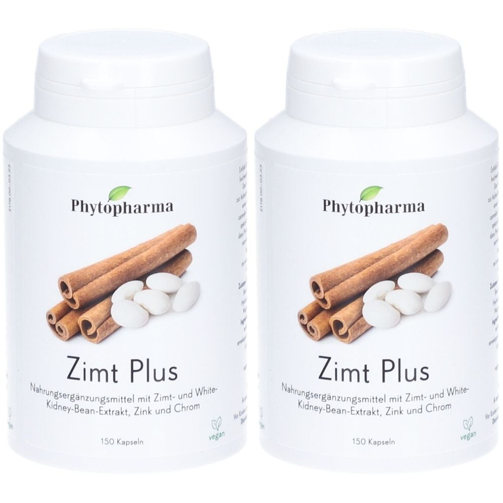 Deux flacons blancs avec le nom du produit Zimt Plus. Des bâtons de cannelle et des haricots blancs sont représentés sur chaque flacon. La marque est Phytopharma.
