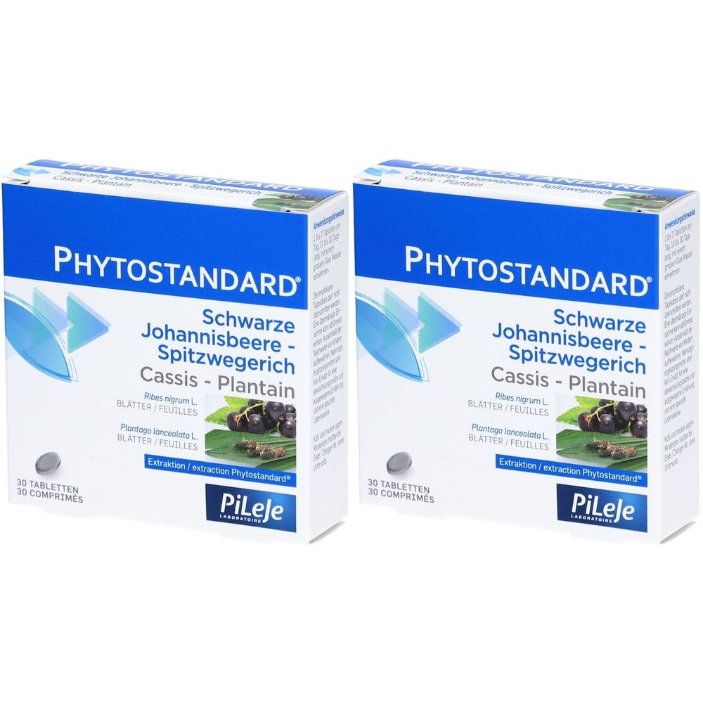 Deux boîtes PHYTOSTANDARD. Sur chaque boîte, les noms Schwarze Johannisbeere, Spitzwegerich, Cassis et Plantain sont visibles.
