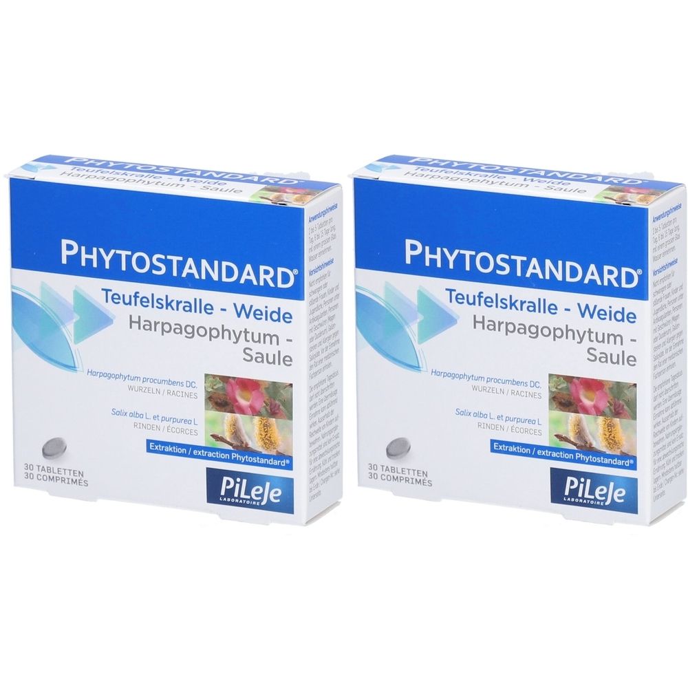 Deux boîtes PHYTOSTANDARD, Teufelskralle, Weide, Harpagophytum, Saule. Logo PILEJE. 30 comprimés.