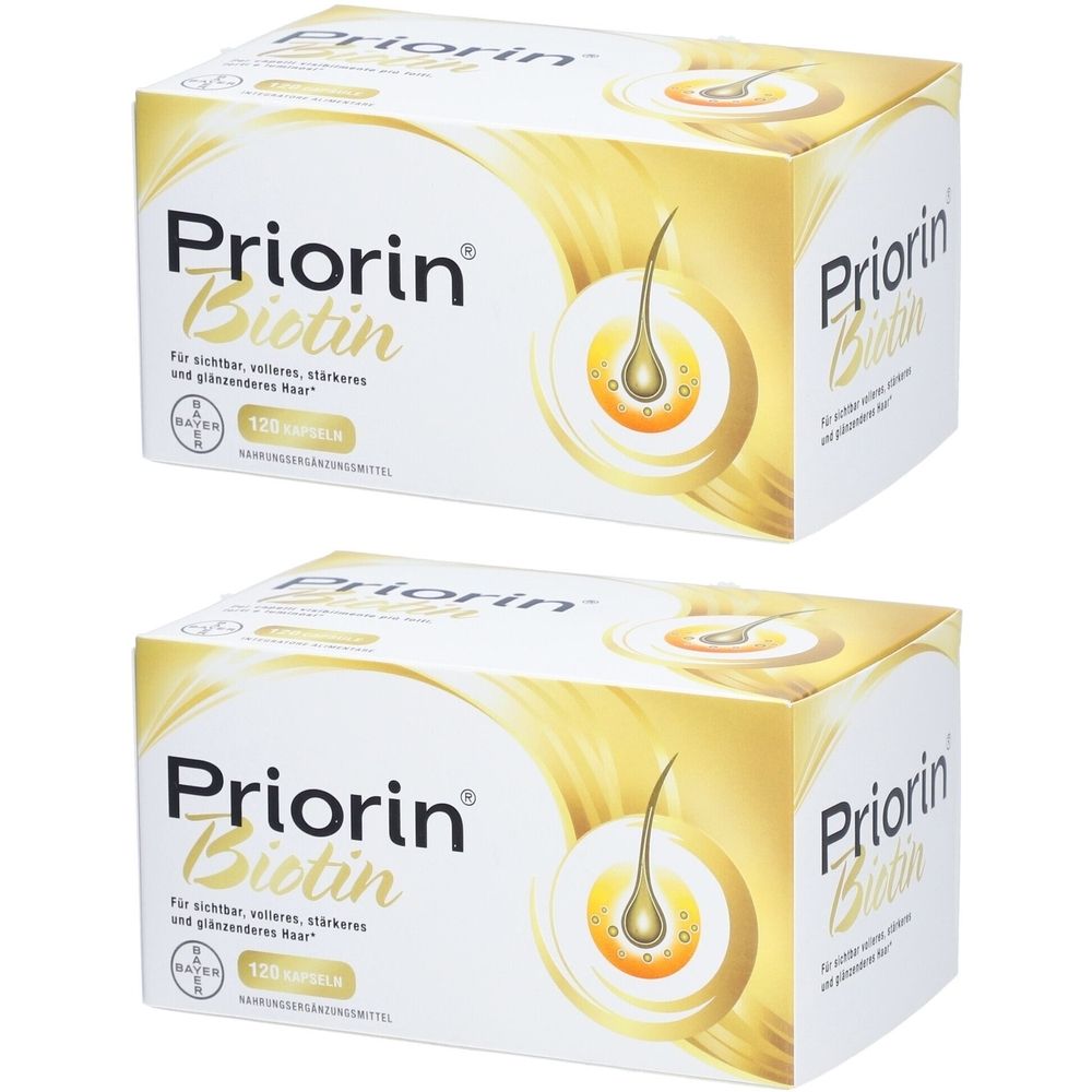 Zwei Kartons Priorin Biotin. Weiß-goldene Verpackung mit Produktnamen und Abbildung eines Haares. 120 Kapseln.