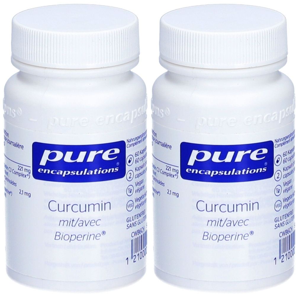 Zwei weiße Flaschen mit blauem Etikett. Aufschrift: Pure Encapsulations, Curcumin mit Bioperine. Deckel und Flaschen sind weiß.