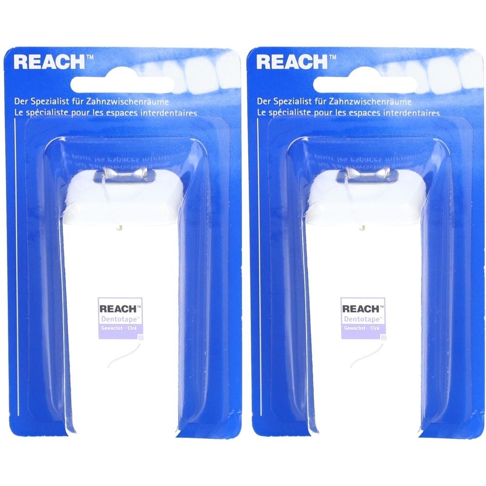 Zwei Packungen Zahnseide in blauer Verpackung. Aufschrift: REACH, Der Spezialist für Zahnzwischenräume.