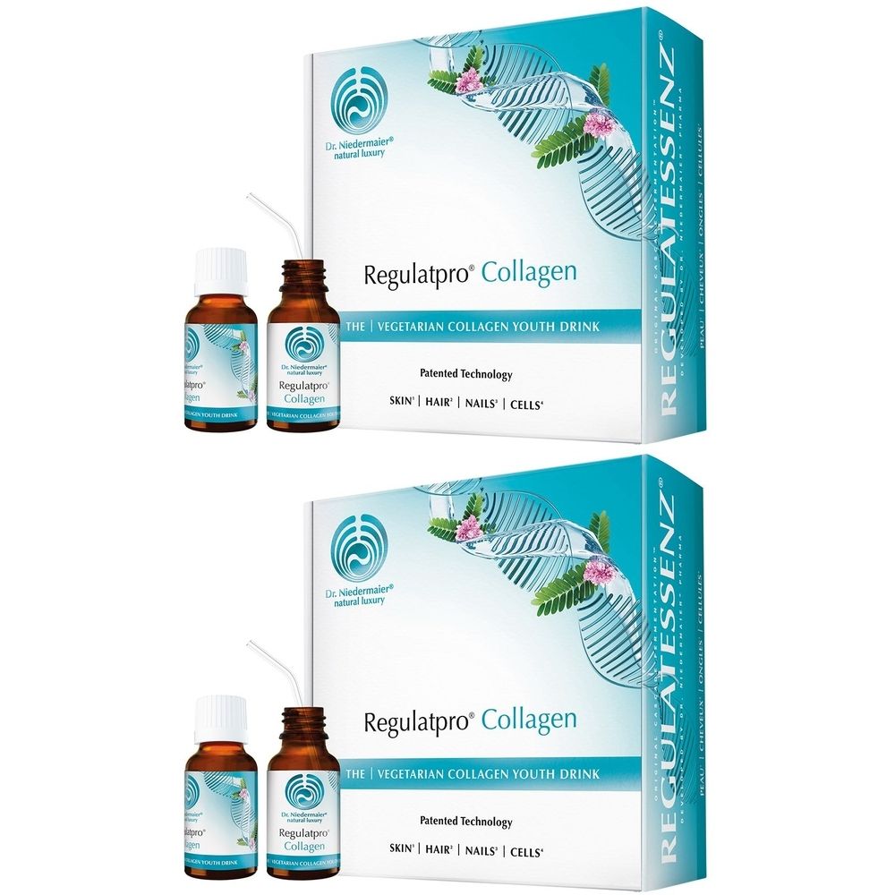 Zwei Flaschen und zwei Kartons mit der Aufschrift "Regulatpro Collagen". Aufschrift: "THE VEGETARIAN COLLAGEN YOUTH DRINK".