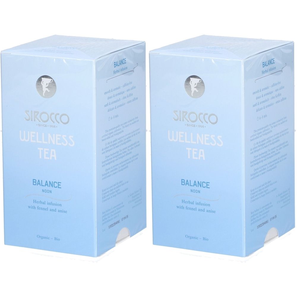 Zwei quadratische Schachteln mit der Aufschrift "Sirocco Wellness Tea Balance". Hellblaue Verpackung mit Logo und Text.