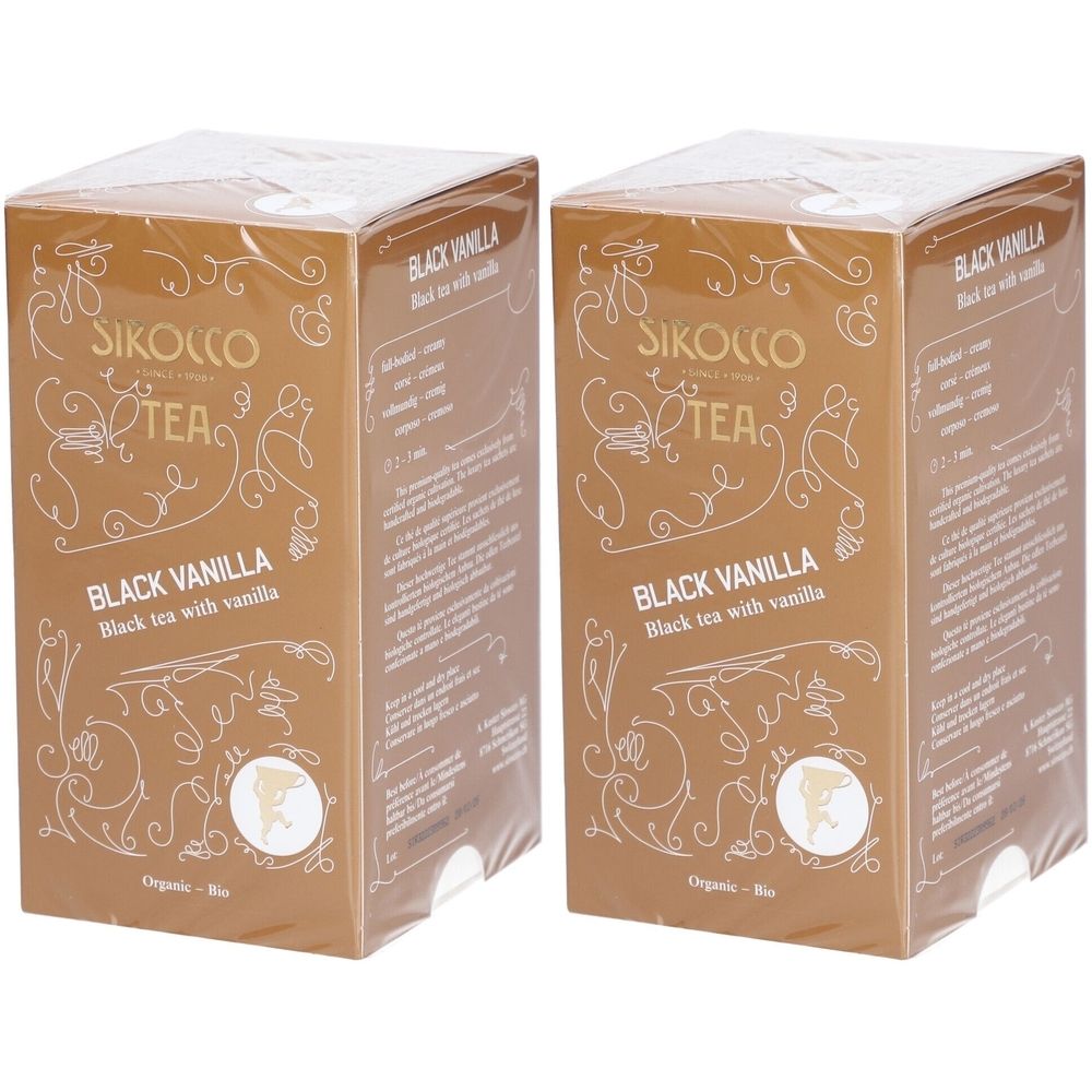 Zwei braune Kartons mit Aufschrift "SIKOLCO TEA BLACK VANILLA". Organisch.