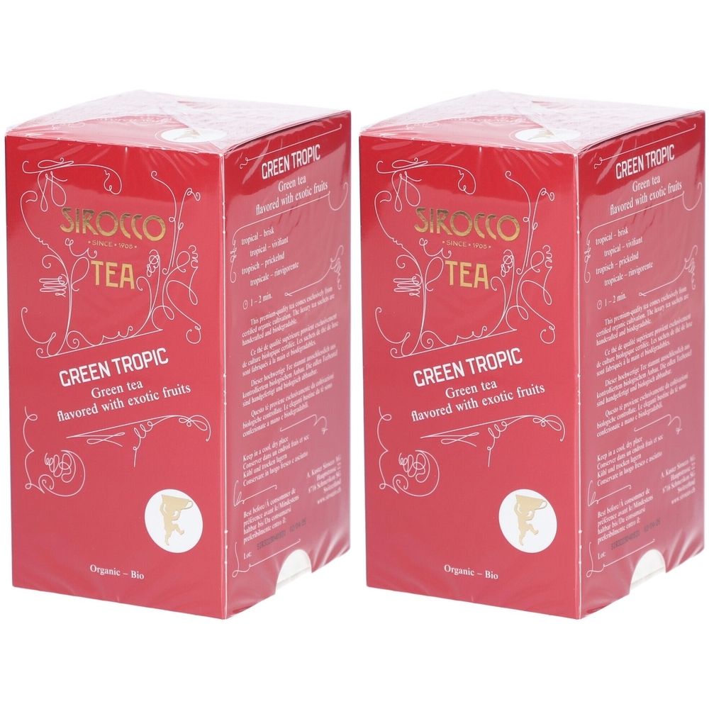 Zwei rote Schachteln mit "SIROCCO TEA GREEN TROPIC". Text: Grüner Tee, aromatisiert mit exotischen Früchten. Bio-Siegel.