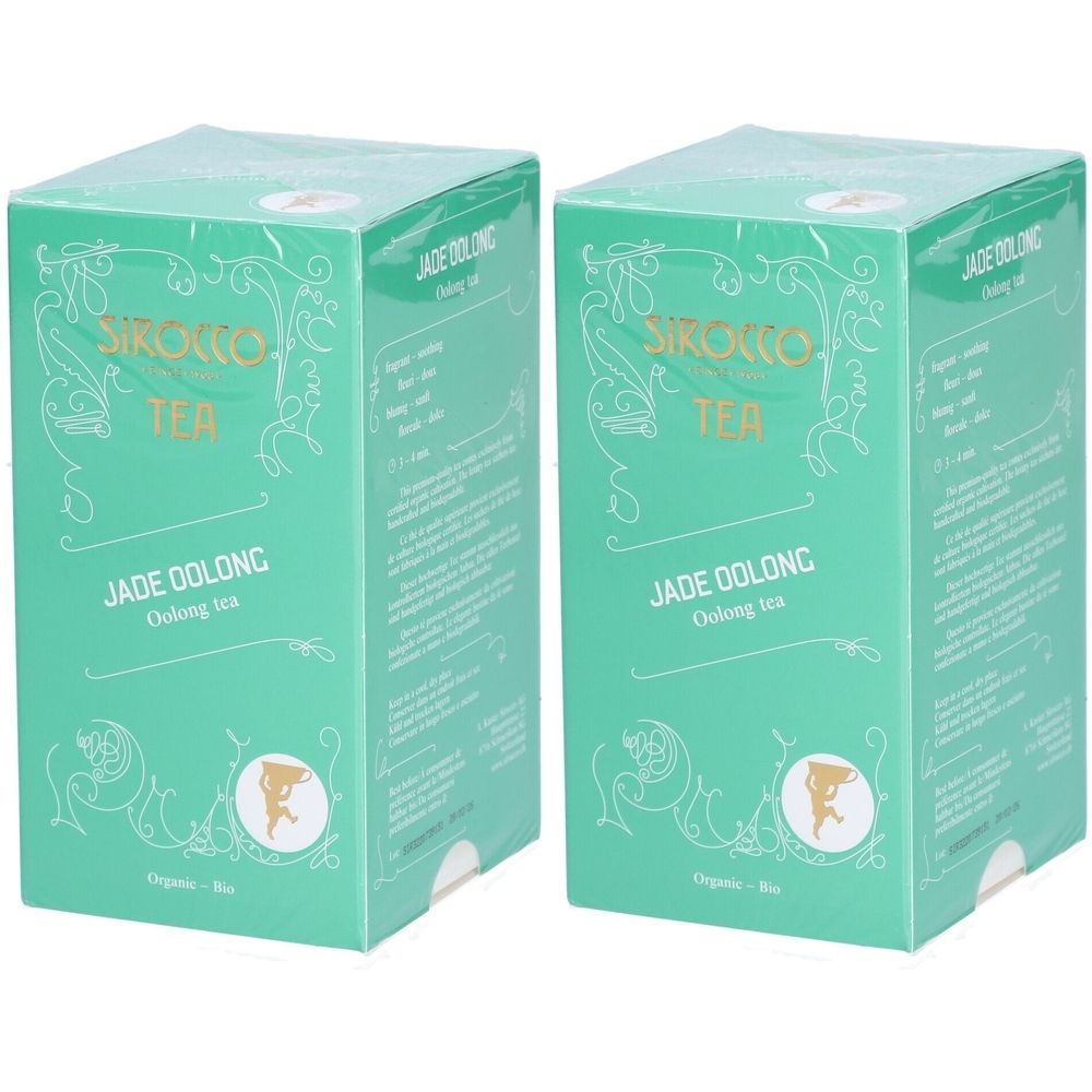 Zwei grüne Kartons mit Aufschrift "SIROCCO TEA JADE OOLONG". Oolong-Tee. Organisch - Bio.