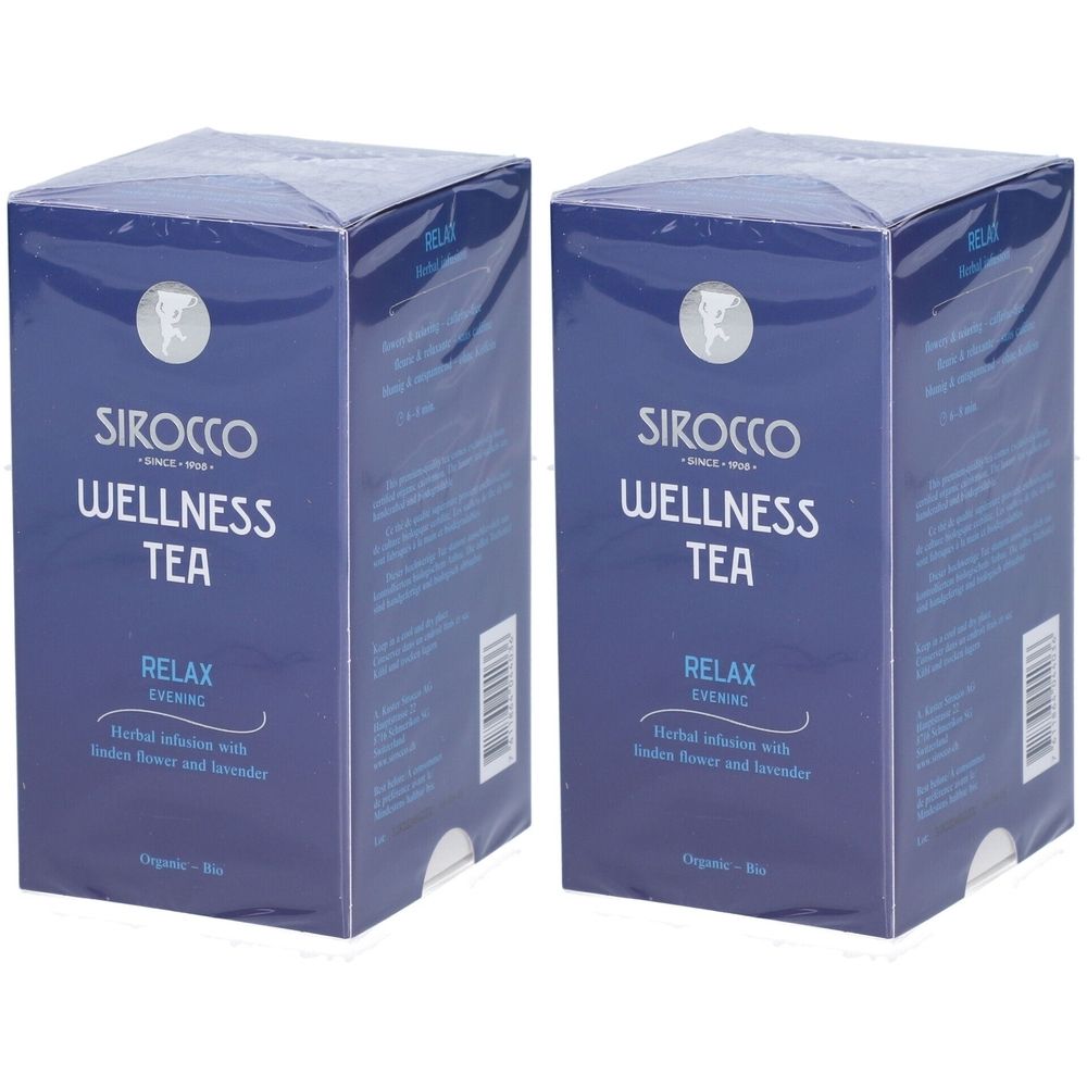 Zwei quadratische Kartons mit Sirocco Wellness Tea. Blaue Verpackung mit Text: Relax, Kräuteraufguss mit indischer Blüte und Lavendel.
