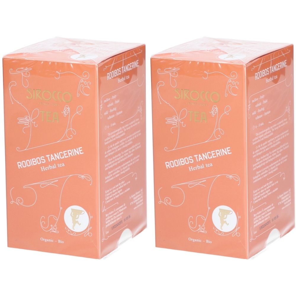 Zwei quadratische, orangefarbene Schachteln mit Aufschrift "Sirocco Tea Rooibos Tangerine".