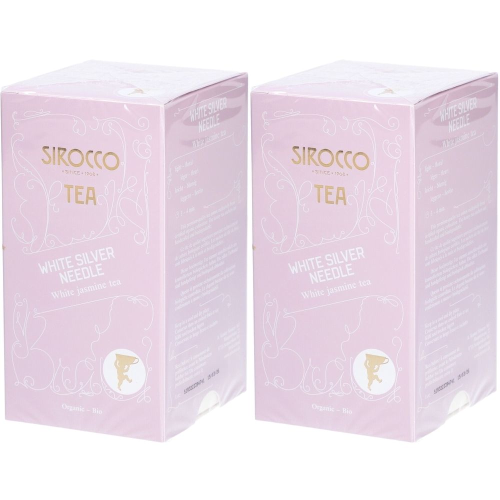 Zwei rechteckige Kartons. Aufschrift: Sirocco Tea, White Silver Needle, weißer Jasmintee. Rosa Verpackung mit goldenen Akzenten.