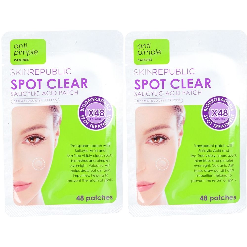 Deux paquets de Skin Republic Spot Clear Patches. Chaque paquet contient 48 patchs. Inscription : acide salicylique, anti-boutons.