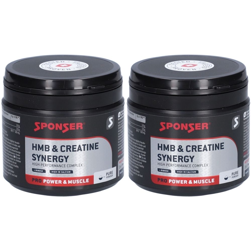 Zwei schwarze Dosen mit dem Produktnamen "HMB & Creatine Synergy" und dem Markennamen "Sponser".