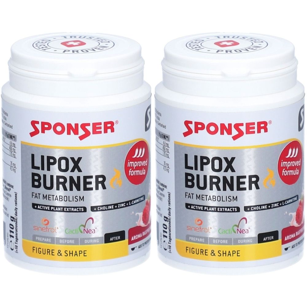 Zwei weiße Dosen mit roter und gelber Beschriftung. Aufschrift: SPONSER LIPOX BURNER, Fat Metabolism, Figure & Shape.