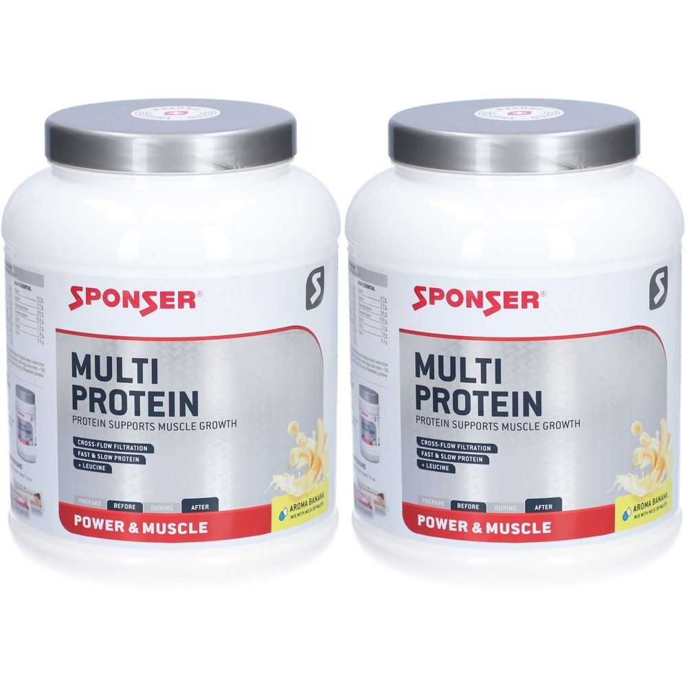 Deux boîtes blanches avec couvercles argentés. Inscription: SPONSER Multi Protein. Les protéines favorisent la croissance musculaire. Power & Muscle.