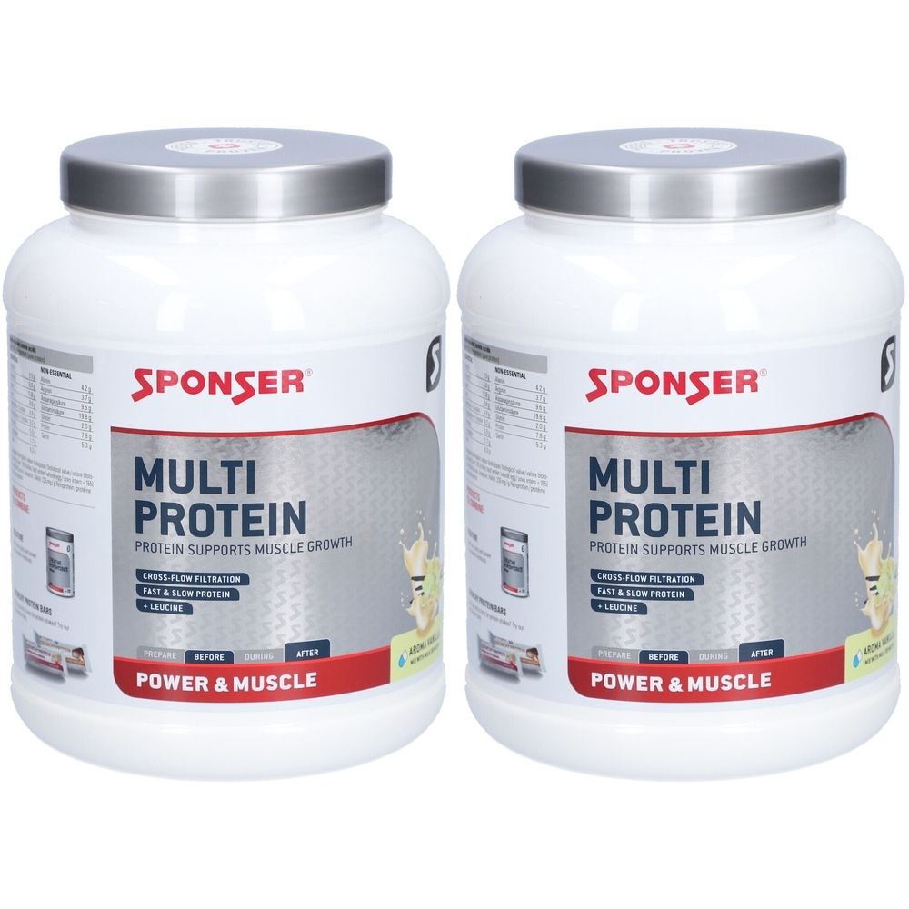 Zwei weiße Dosen mit silbernen Deckeln. Aufschrift: SPONSER, Multi Protein. Unterstützt Muskelwachstum. Power & Muscle.
