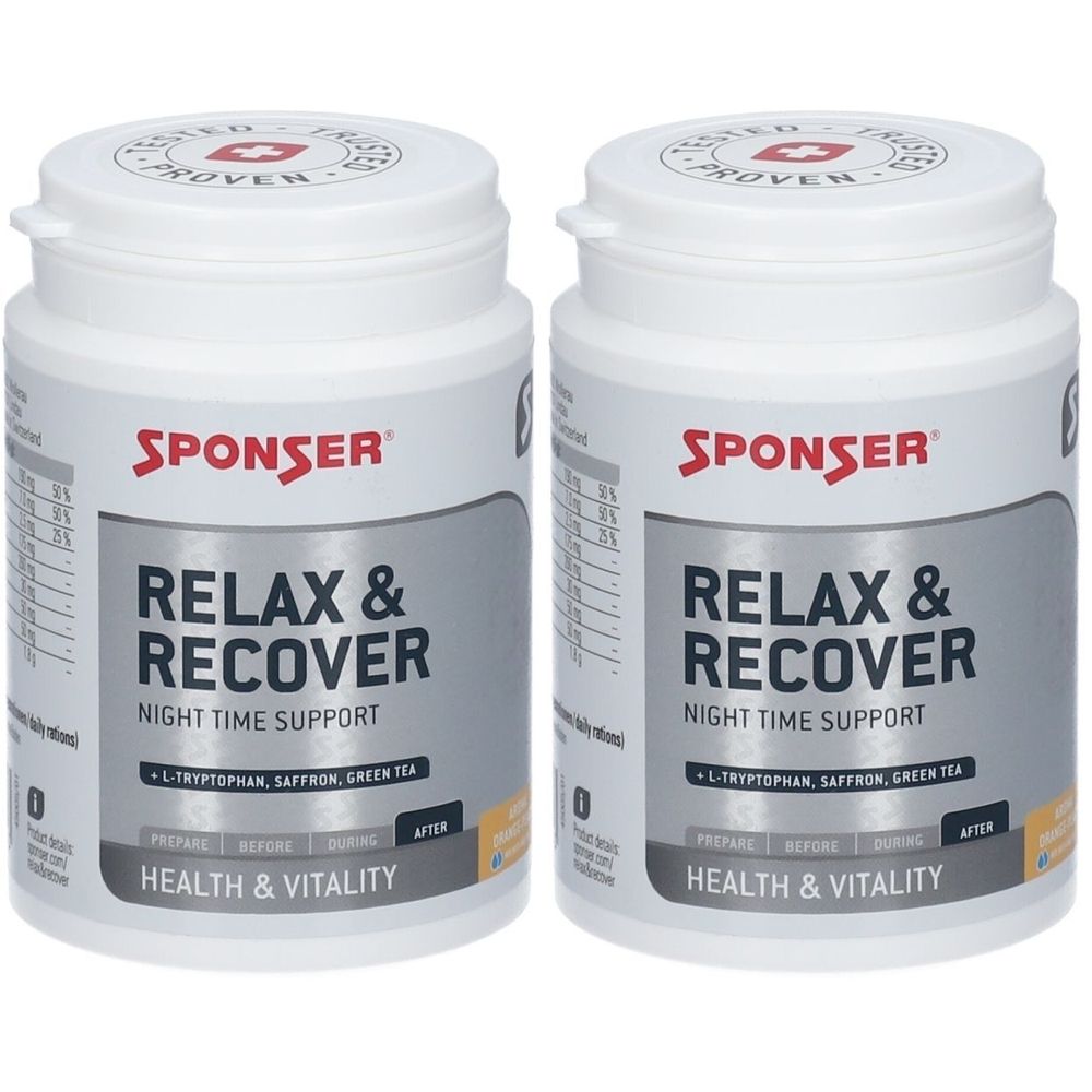 Zwei weiße SPONSER-Dosen mit Aufschrift RELAX & RECOVER. Enthält L-Tryptophan, Safran und Grüntee. Aufschrift: HEALTH & VITALITY.