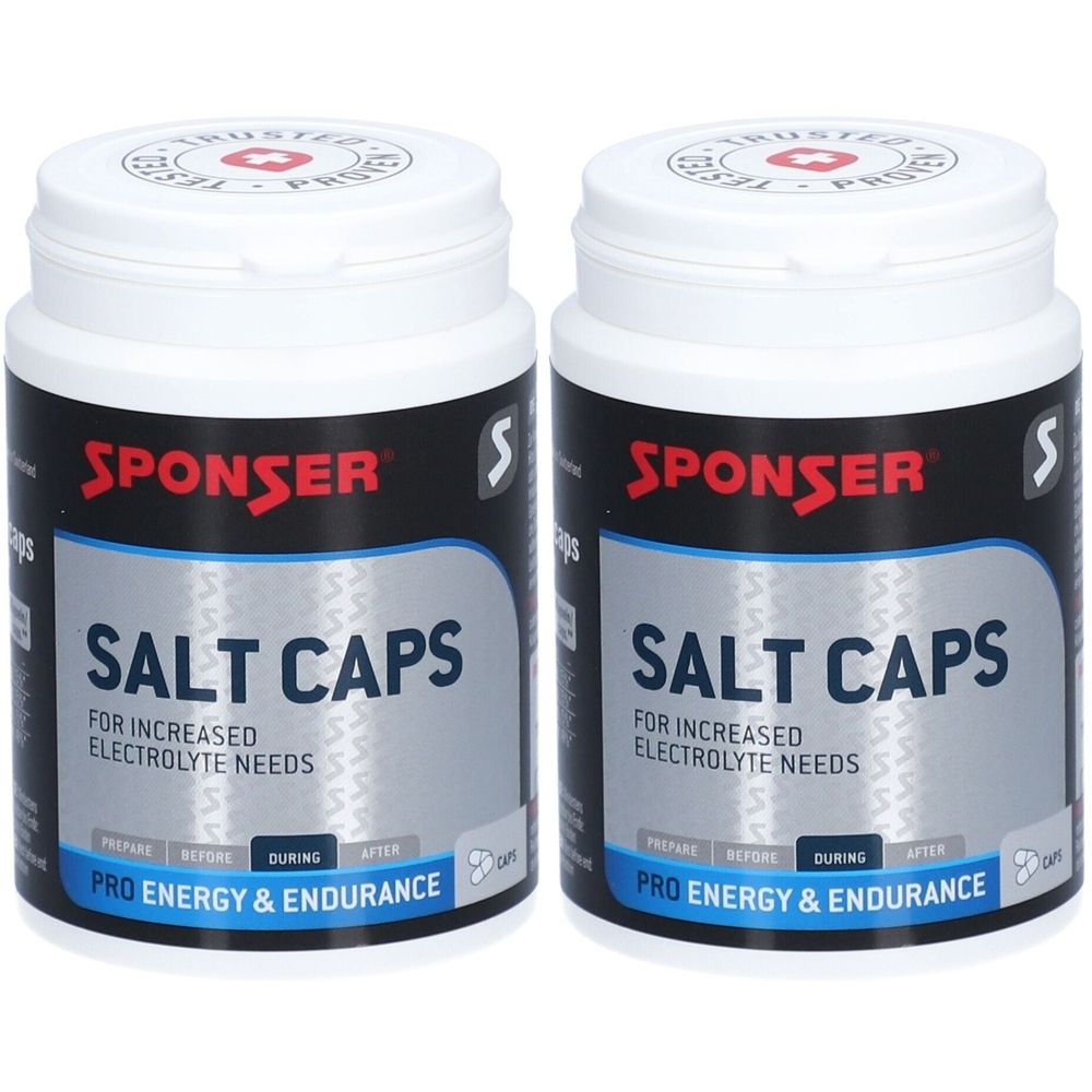 Zwei weiße Dosen mit schwarzem Etikett. Aufschrift: SPONSER, SALT CAPS, PRO ENERGY & ENDURANCE. Oben ein rotes Kreuz.