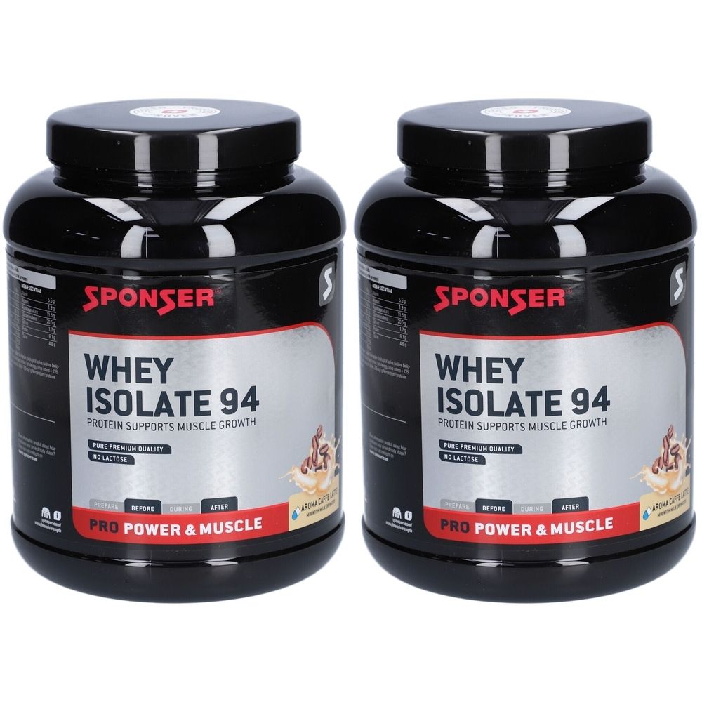 Zwei schwarze Behälter mit dem Aufdruck "SPONSER WHEY ISOLATE 94". Text: "Protein unterstützt Muskelwachstum".