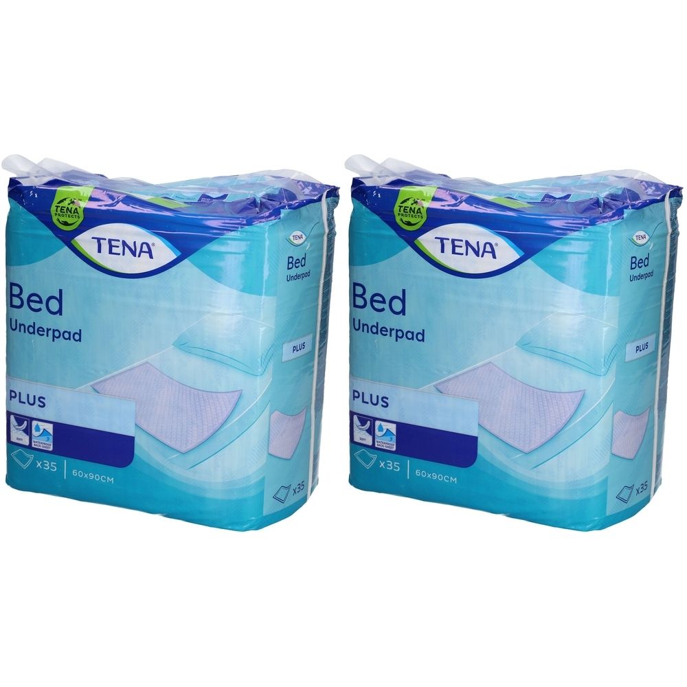 Zwei Packungen TENA Bed Underpad Plus. Blaue Verpackung mit Produktbezeichnung und Logo. Enthält 35 Stück, 60x90cm.