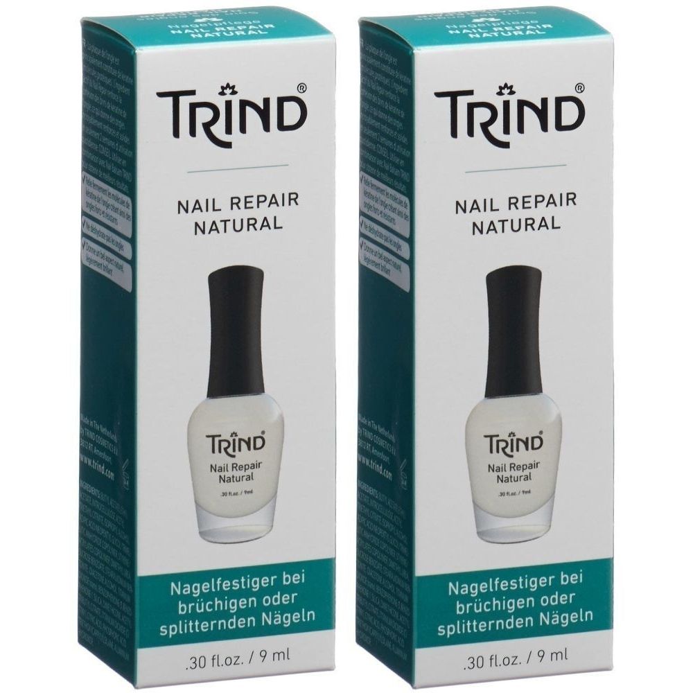 Zwei Flaschen Nagellack mit schwarzem Deckel und weißer Flüssigkeit. Auf der Verpackung steht TRIND, Nail Repair Natural.