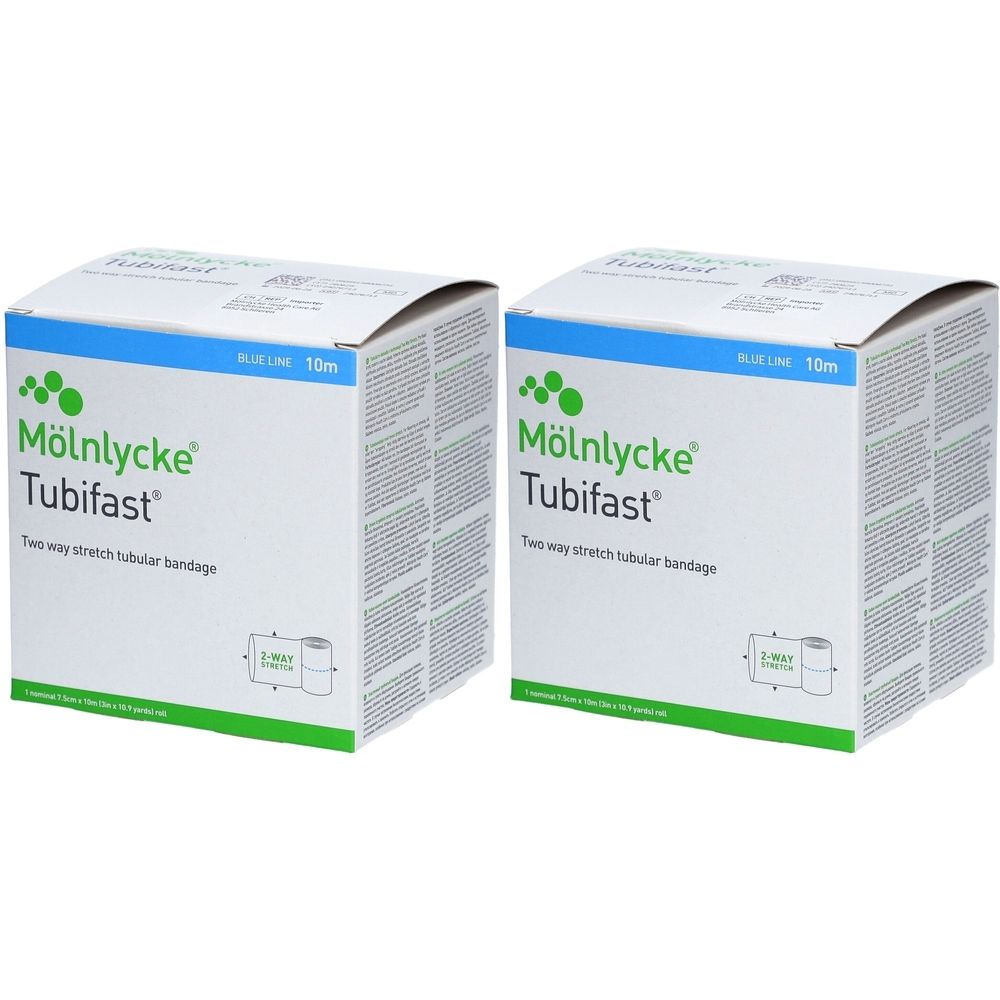 Zwei Kartons Tubifast® 2-Wege-Stretch Schlauchverband Blau. Aufschrift: Mölnlycke Tubifast, Two way stretch tubular bandage. Blaue Linie, 10m.
