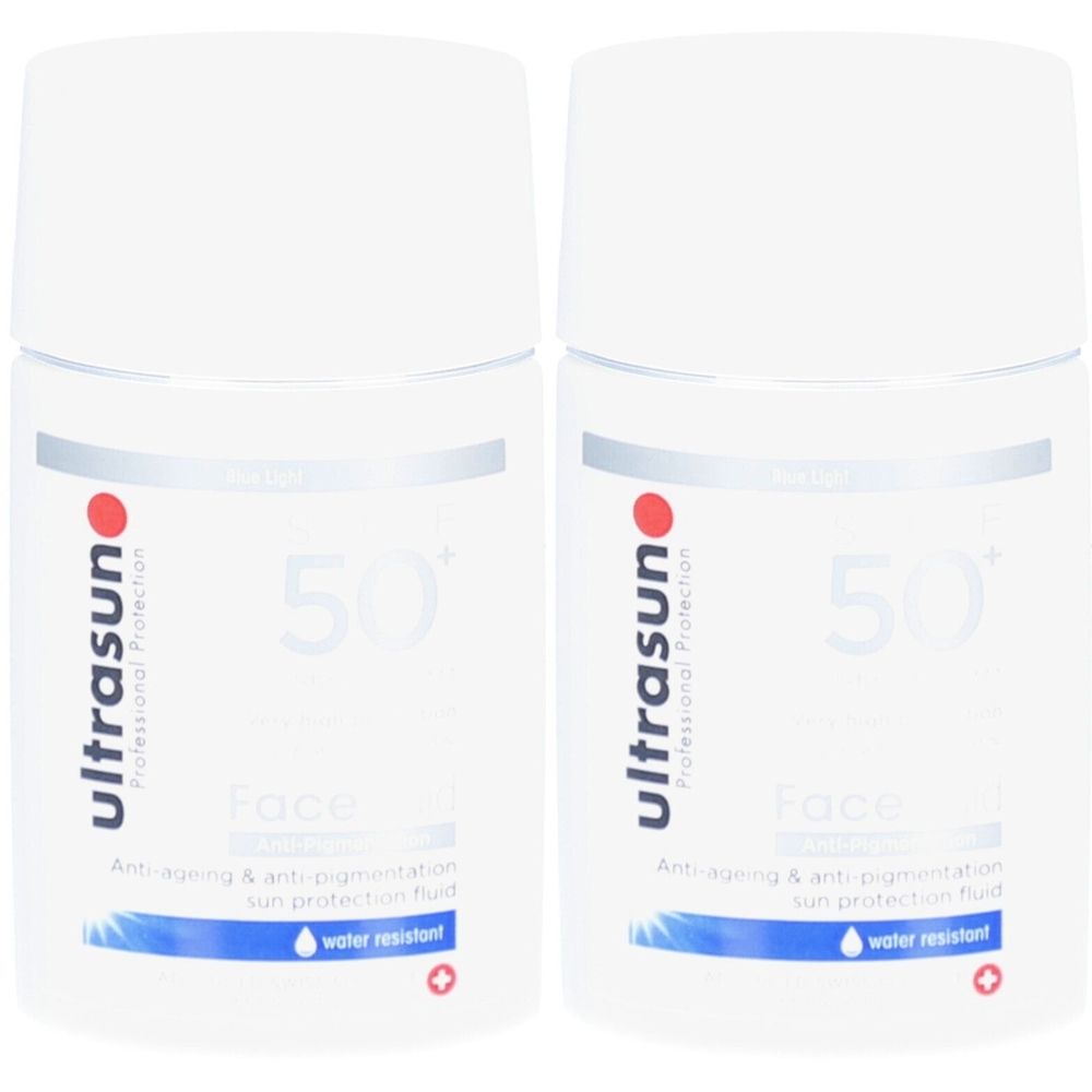 Zwei weiße Flaschen mit weißem Deckel. Aufschrift: ultrasun, 50+, Face, Anti-Pigmentierung, wasserfest.