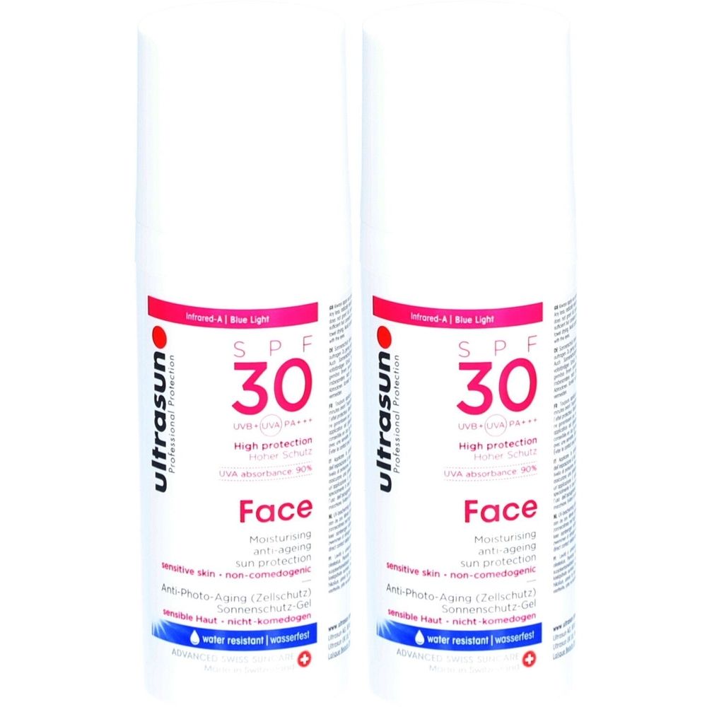 Zwei weiße Flaschen mit roter und schwarzer Schrift. Aufschrift: SPF 30, Face, ultrasun. Sonnenschutz für das Gesicht.