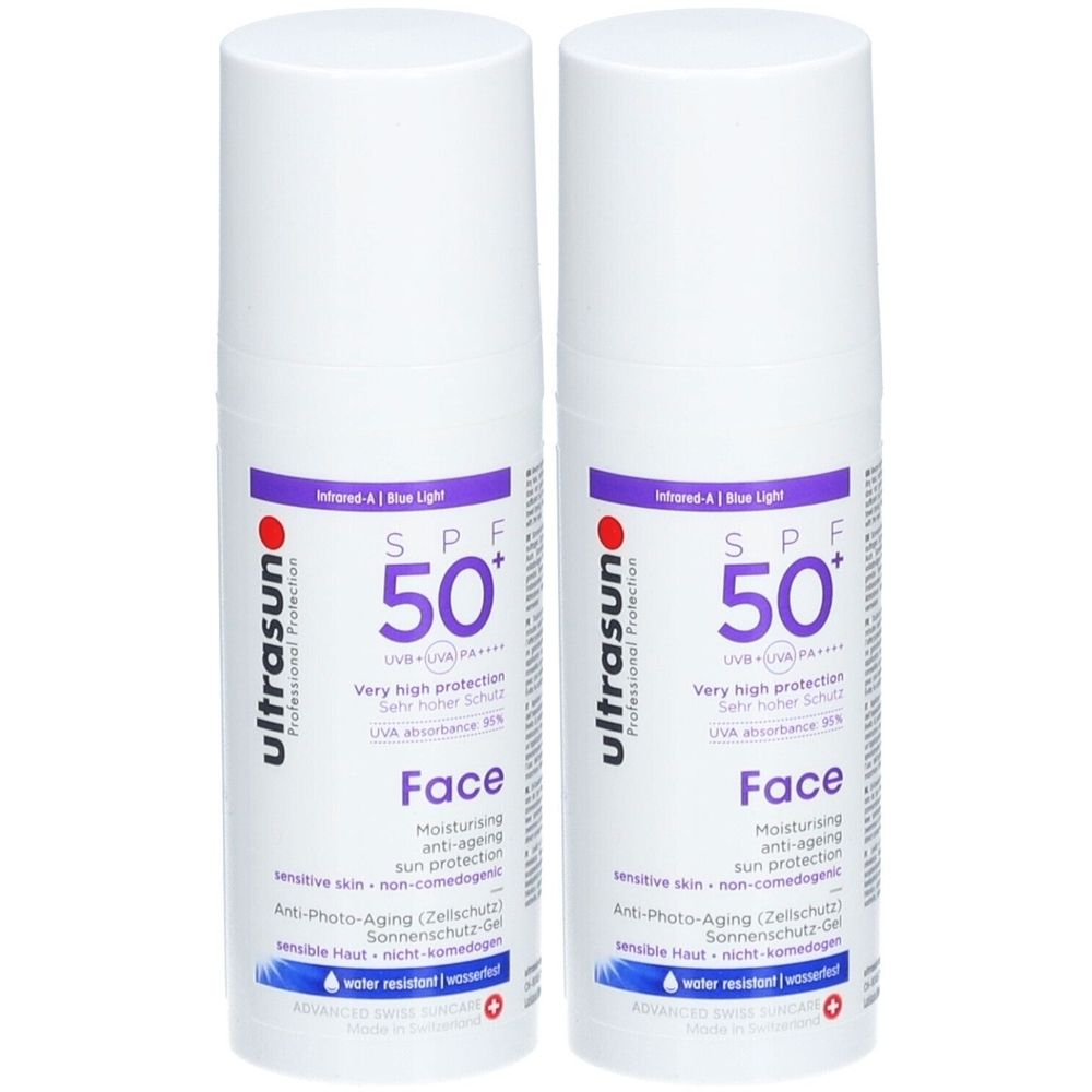 Zwei weiße Flaschen mit lila und roten Akzenten. Aufschrift: ultrasun, SPF 50+, Face. Sonnenschutz-Gel.