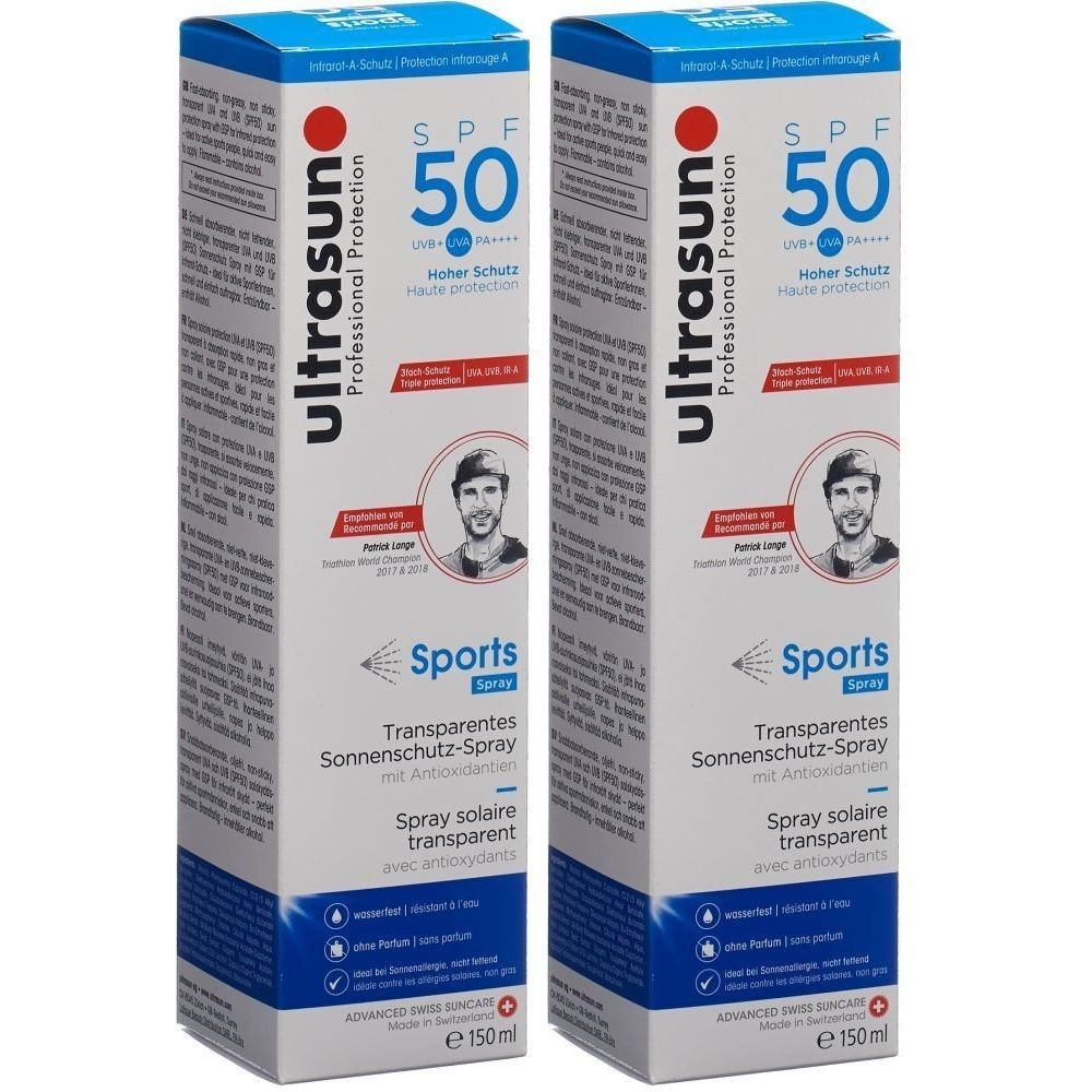 Twee rechthoekige verpakkingen van ULTRASUN Sport-Spray SPF 50. Opschrift: SPF 50, Sports, Transparante zonnebrandspray.